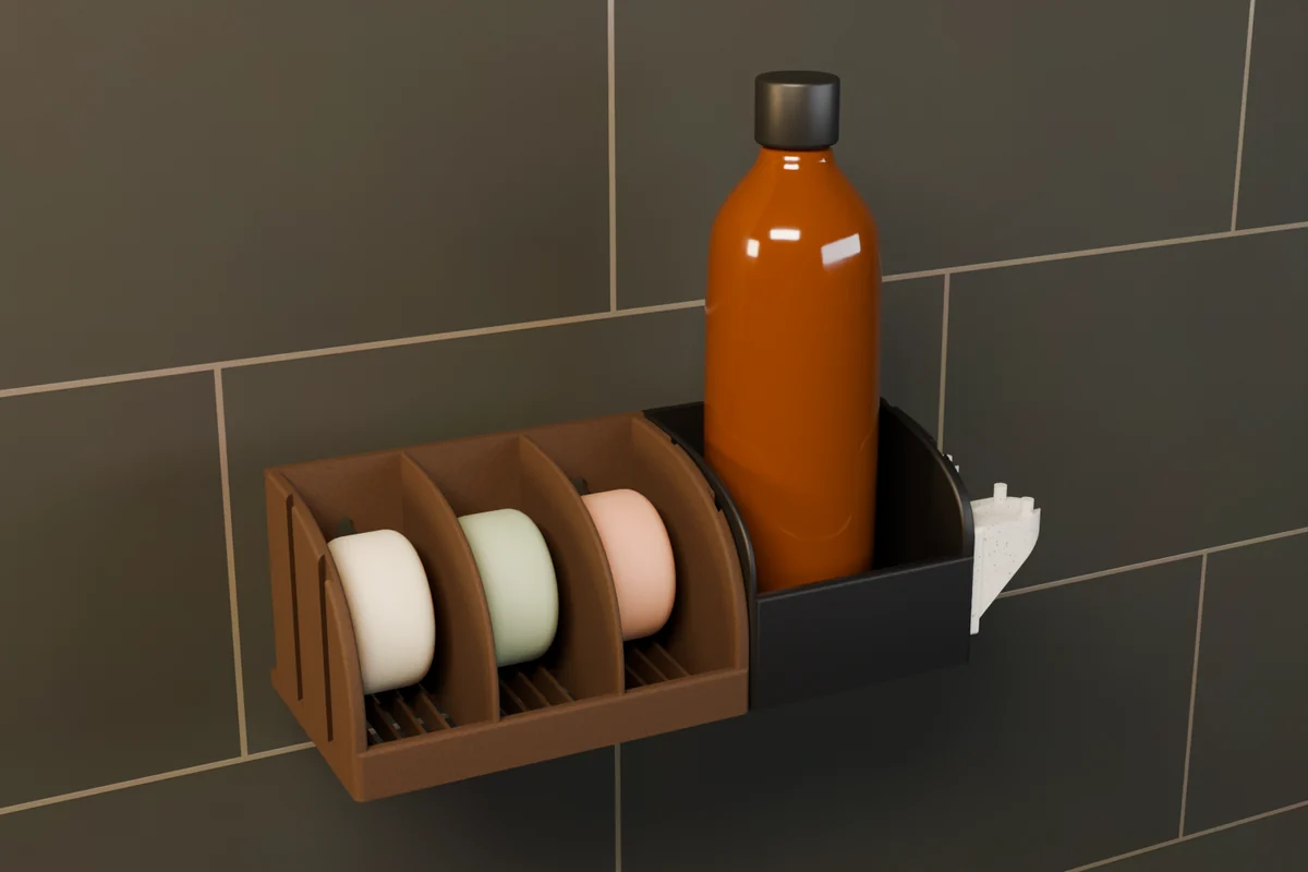 A wood 3-Box Soap Holder with a matte black Bottle Holder and a marble Razor Holder on a tiled shower wall.